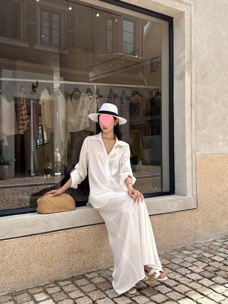 5werkwe Women's White Linen Long Sleeve Casual Shirt Set - Versatile Autumn Style