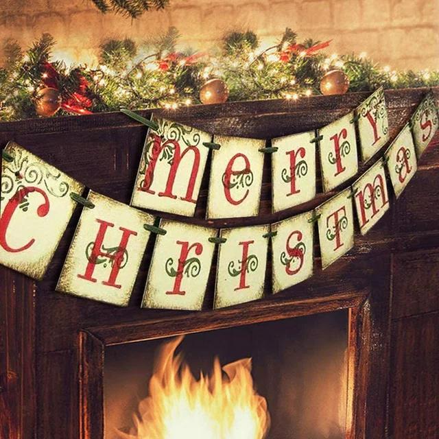 Merry Christmas Banner - Vintage Xmas Decorations Indoor For Home Office Party Fireplace Mantle