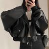 Frauen Jacke Gefälschte Zwei-stück Kunstleder Mit Kapuze Reißverschluss Oberbekleidung Retro Kordelzug