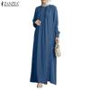 Women Muslim Casual Round Neck Solid Color Long Sleeve Dress