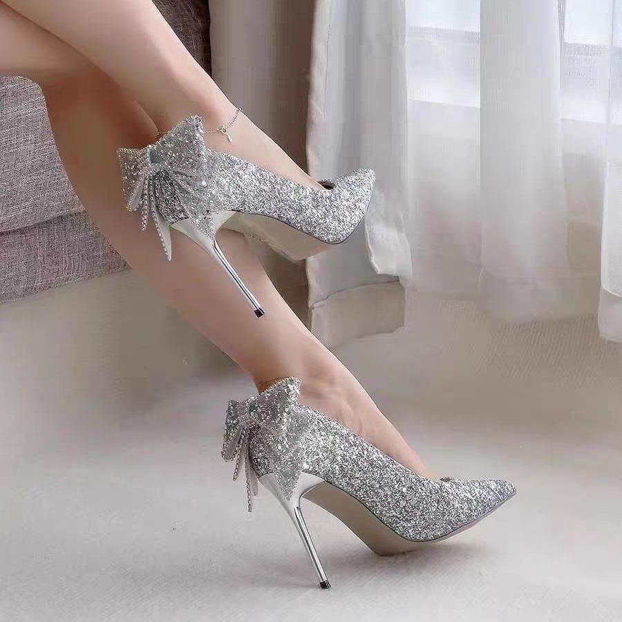 Silver high heels 2025 autumn and winter new sequined crystal main dress wedding shoes Xiuhe two wear bridal wedding dress shoes