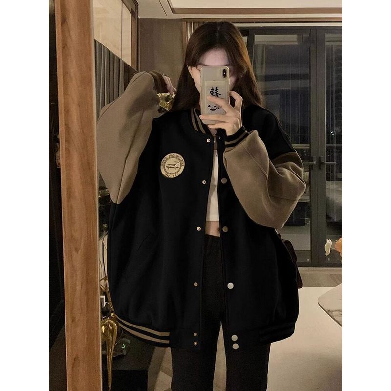 Plus-Size Women's Black Baseball Jacket for Summer, Korean Style, Trendy Retro Loose Fit, Slimming Effect