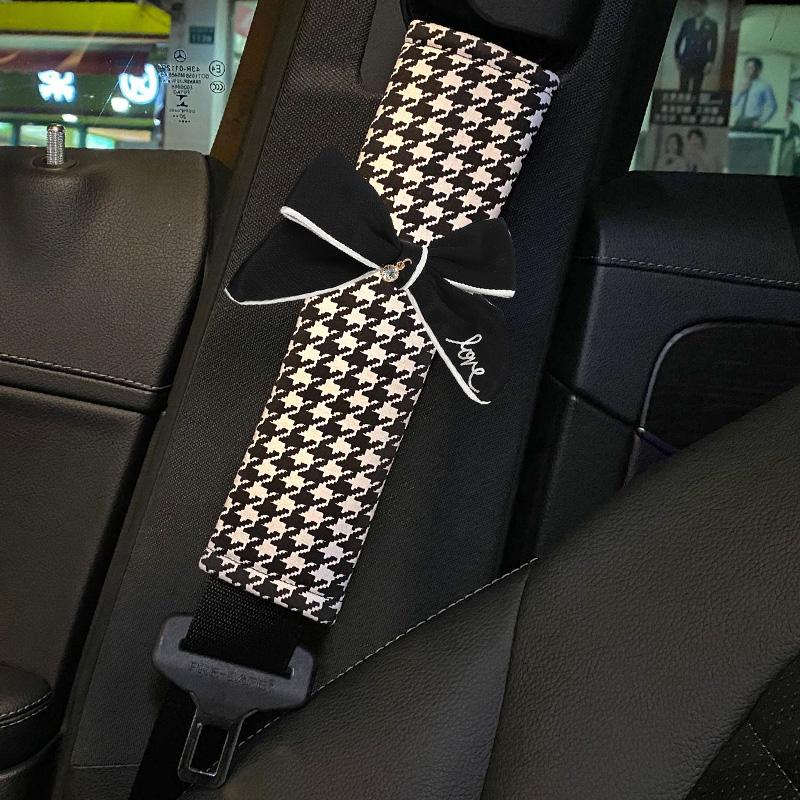 1pc Classic Plaid Bowknot Universal Car Gear Shifter Handbrake Cover Auto Seat Belt Case Car Interior Decor Accessories Women