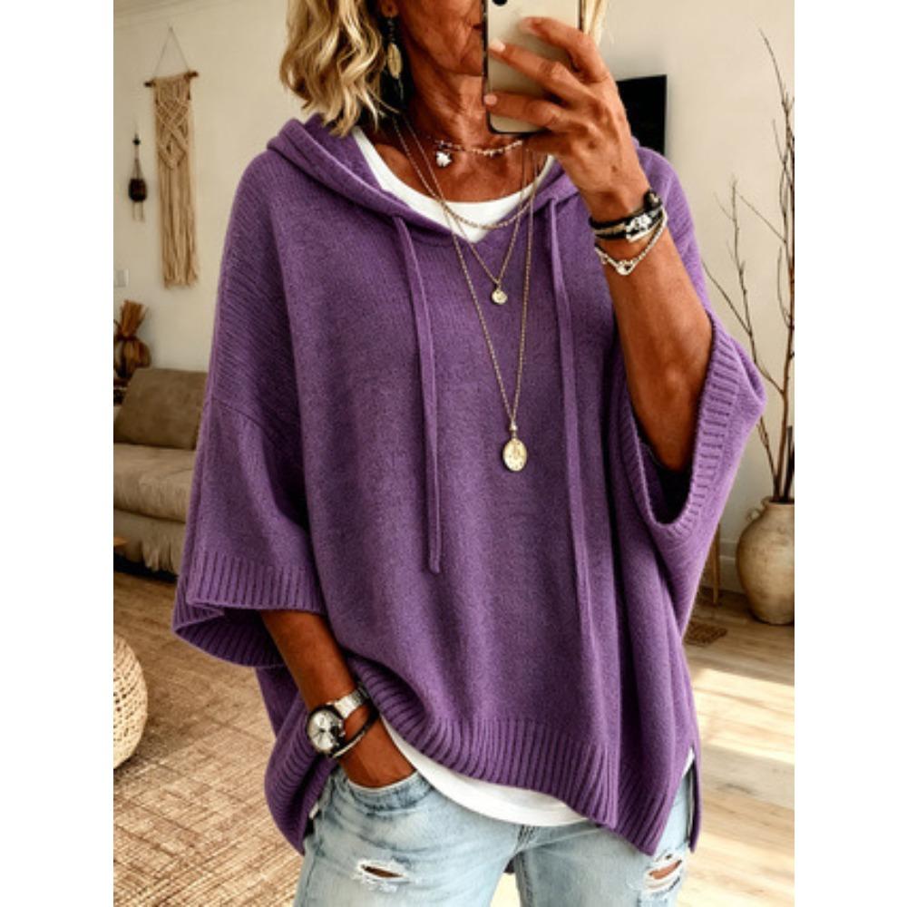 New Knitted Drawstring Hoodie Sweater, Loose Knit Hooded Outerwear for Women