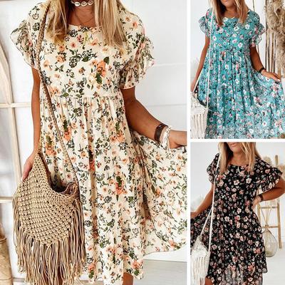 Dámské letní šaty s krátkým rukávem Boho s květinovým potiskem Sundress Beach Holiday Midi šaty
