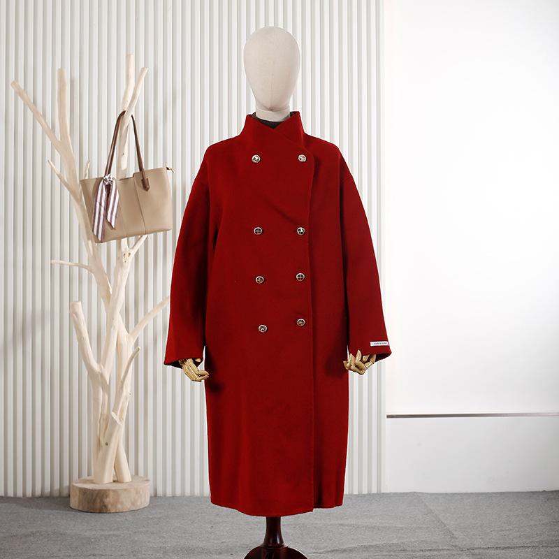 

Пальто шерстяное приталенное с воротником-стойкой, двубортное, длинное, новое, осенне-зимнее, двустороннее, женское M красный