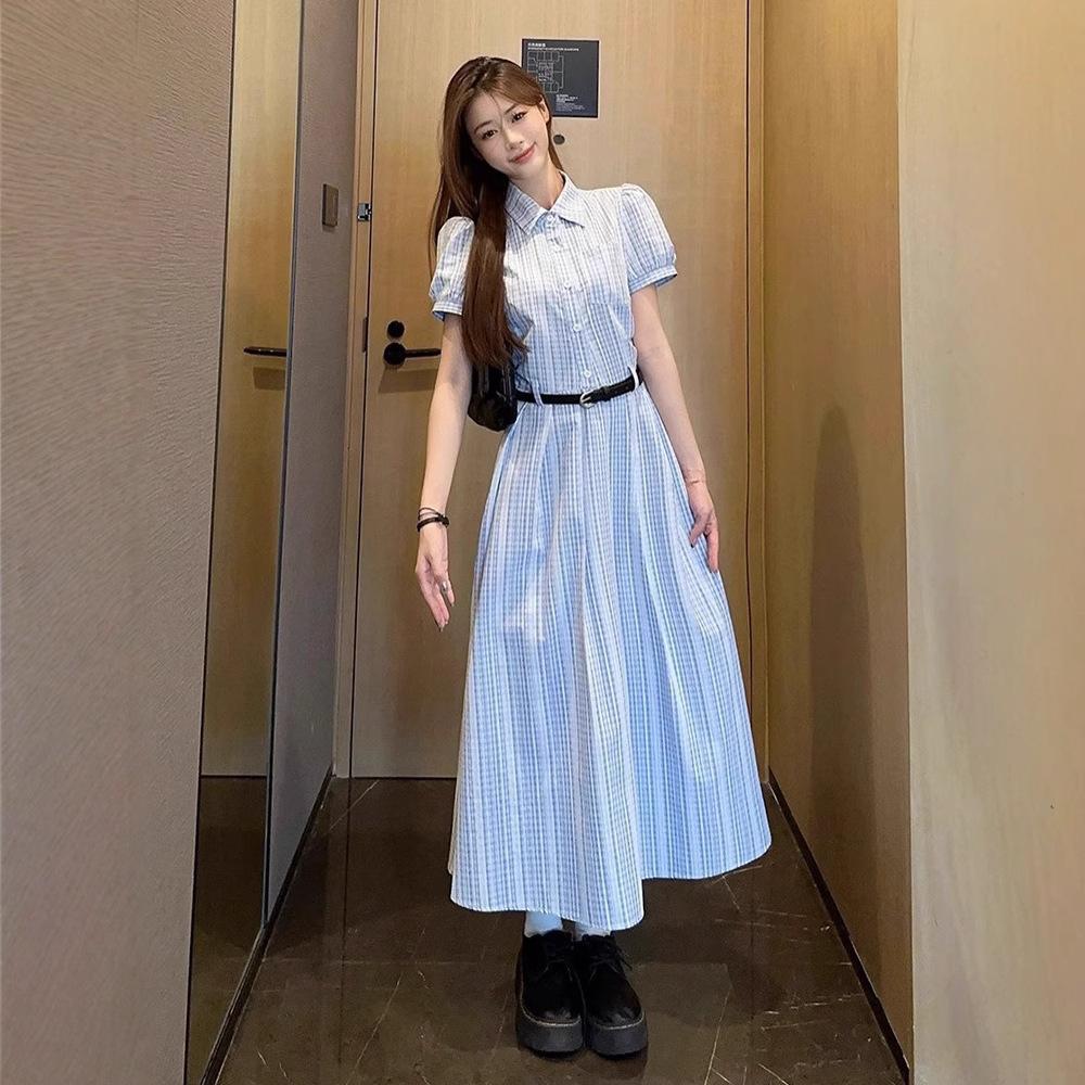 (original practice + belt) French temperament blue feeling super good-looking and thin summer new shirt skirt