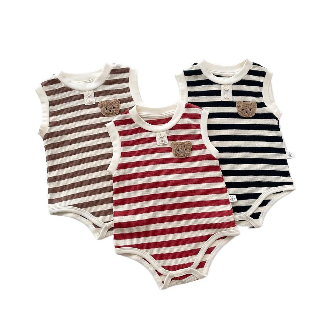 Summer Striped Sleeveless Cartoon Baby Onesie
