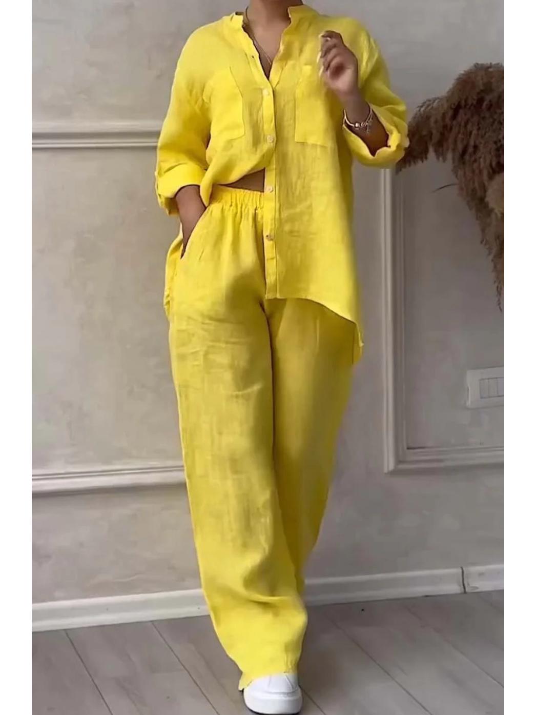 

Женский однотонный комплект из двух предметов 2024: Рубашка с длинным рукавом и широкие брюки Double Extra Large жёлтый