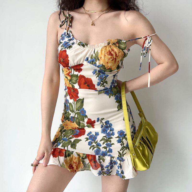 Dress Woman Summer Print Floral Spaghetti Strap Fashion Off Shoulder Beach Holiday Sundress Sweet A-Line Mesh Fabric Tide