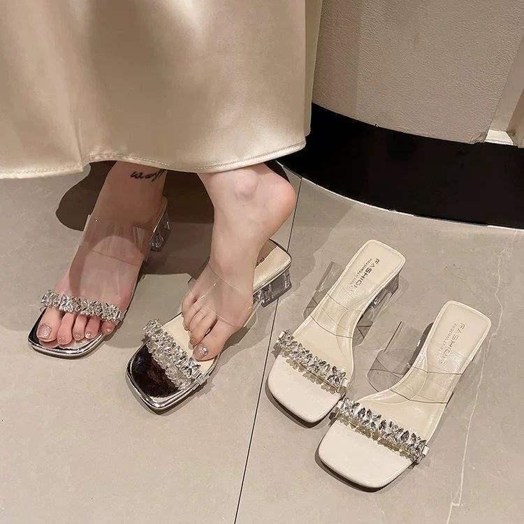 2025 Summer Crystal Rhinestone Dress Slippers - Temperament Fairy Style with Chunky Heels and Transparent Outer