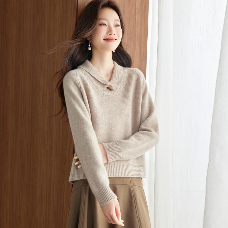 Srcr Women's 100% Wool Relaxed Fit Retro Turn-Down Collar Sweater