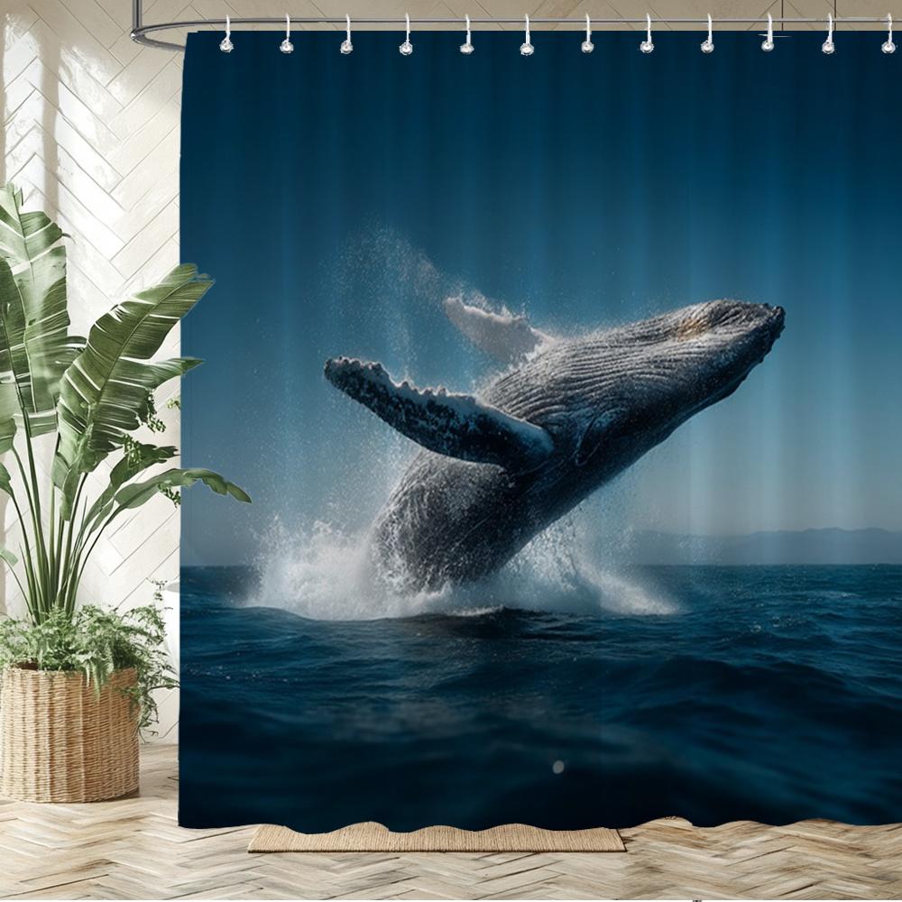

Humpback Whale Breaching Shower Curtain – Realistic Ocean Scene, Deep Blue Water, 12 Hooks, 70.87×70.87 Inch W60H190(CM)-1 Pcs