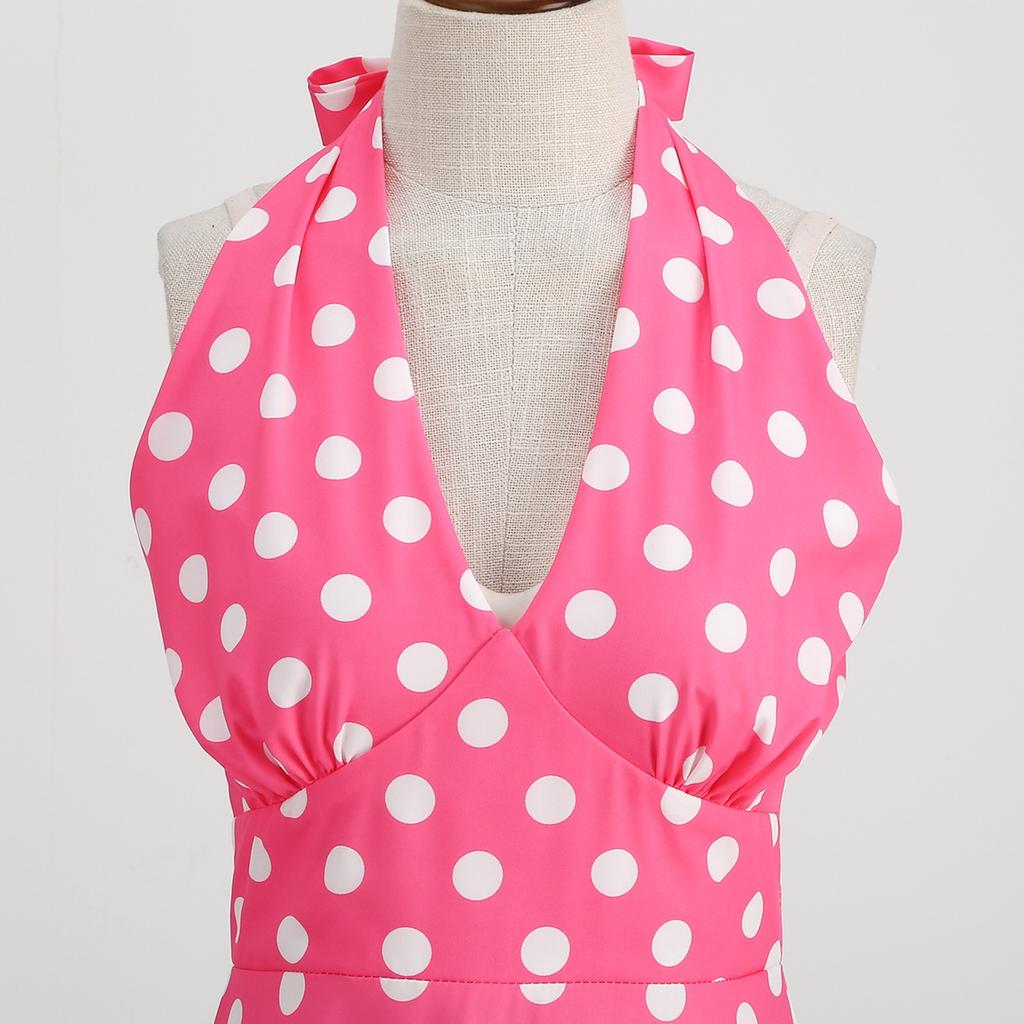 GMXIA Barbie Pink Women's Retro Neckline Polka Dot Print Swing Dress White Leather Belt