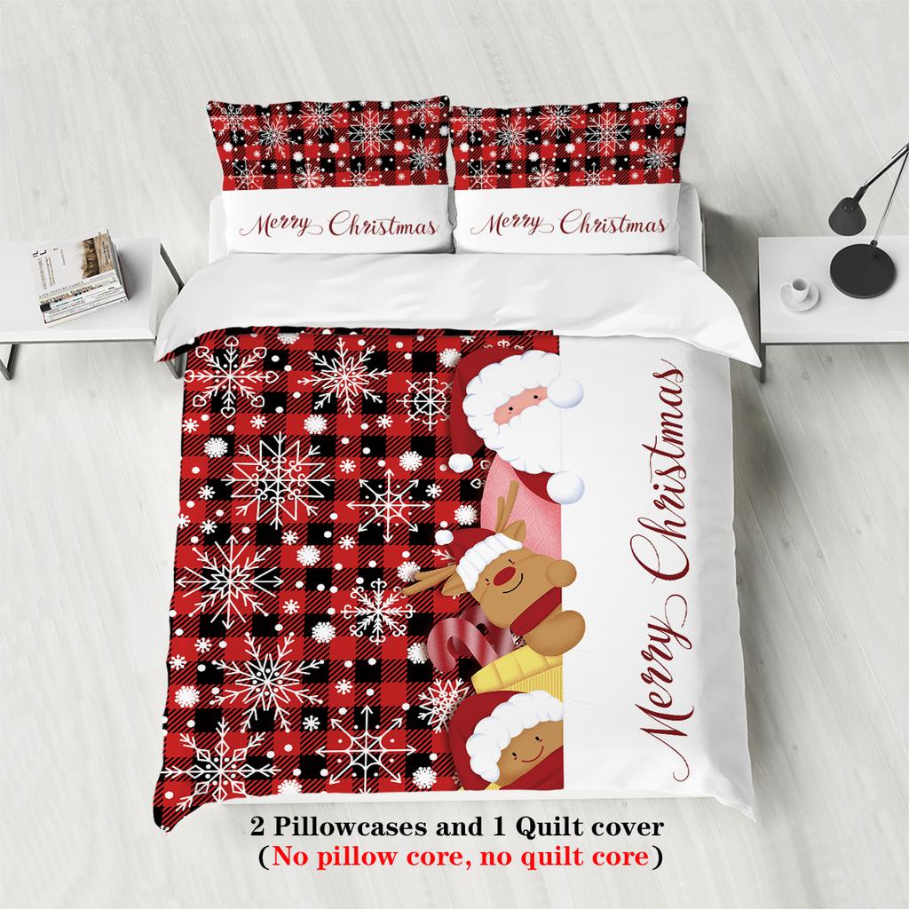 3-piece Christmas themed red checkered reindeer Santa Claus pattern print (1 duvet cover+2 pillowcases, no core) bedding set