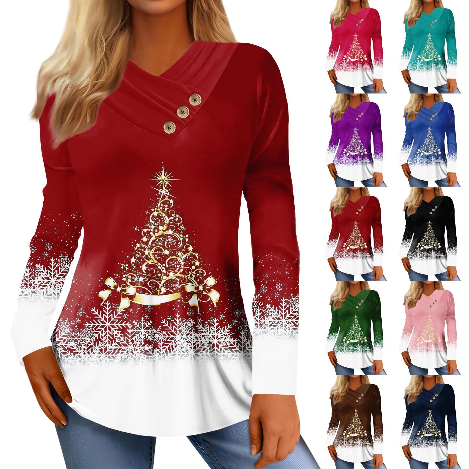 

Женские топы, повседневные рубашки с длинным рукавом и пуговицами, с рождественским принтом, модные блузки в стиле пэчворк, футболки
