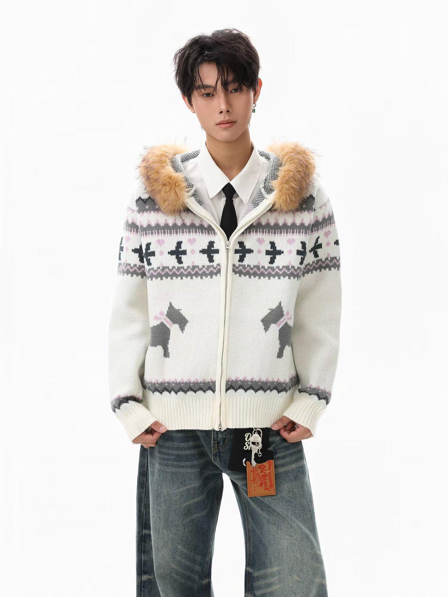 

Men s Fur-Collar Hooded Fair Isle Cardigan Sweater - Retro, High-End, Loose Knit for Autumn/Winter Medium білий