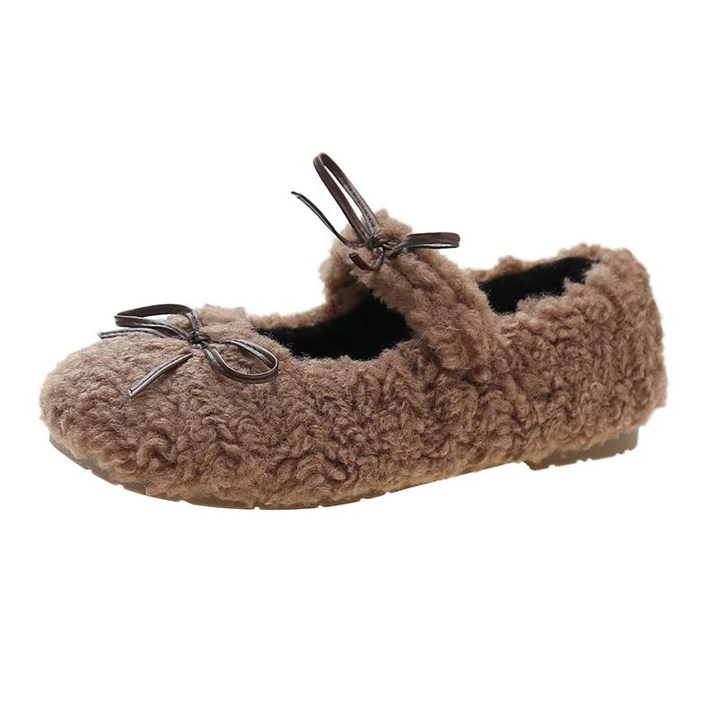 

Sweet Bowknot Lambswool Ballet Flats Woman Winter Warm Plush Loafers Ladies Fur Round Toe Mary Jane Shoes 35