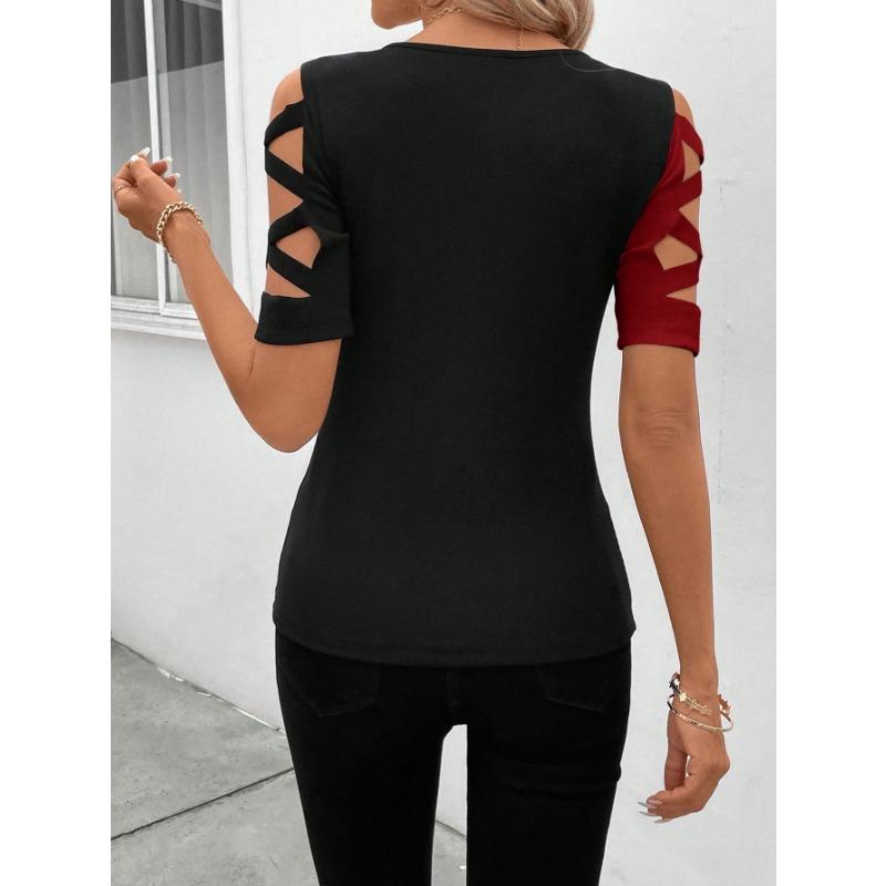 Women's Fashion Casual Summer Spring Colour Block Print Short Sleeve O-Neck Blouses & Shirts