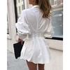 Women's Summer Long Sleeve Lapel Shirt Pleated Waist Solid Color Shirt Dress