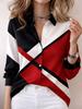 Women's Geometric Color Block Vintage Shirt, Sleeve Collar Tops, Daily Holiday Wear Red Orange for Spring Summer