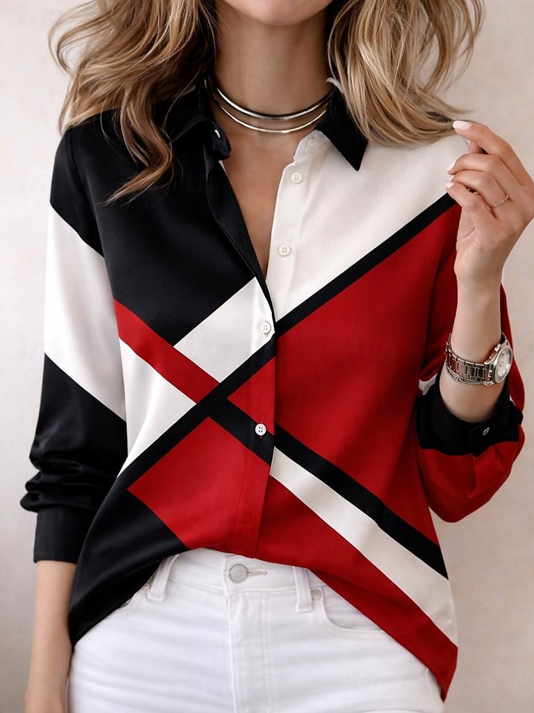 Women's Geometric Color Block Vintage Shirt, Sleeve Collar Tops, Daily Holiday Wear Red Orange for Spring Summer