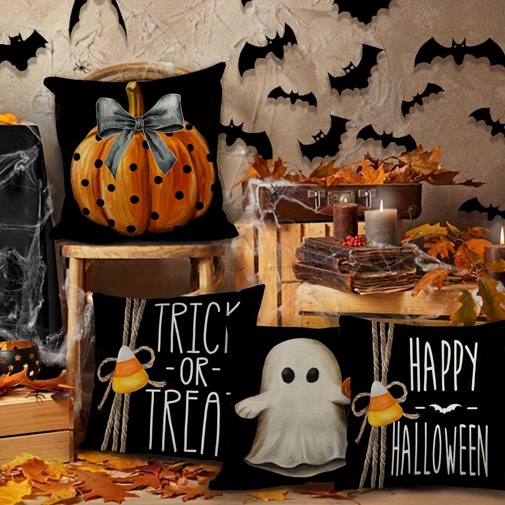 4pcs Halloween Throw Pillow Covers - Trick Or Treat, Pumpkin & Ghost Designs |  Perfect For Fall Decor & Party Couch Accents