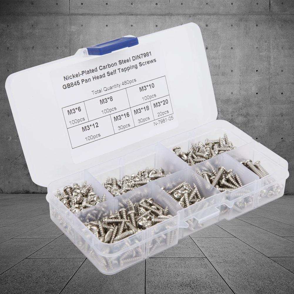 480Pcs Self Tapping Screw Pan Round Head Carbon Steel Fittings M3 Black Nickel Plating(Carbon Steel Black )