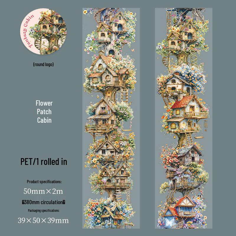 Fantasy Domek na stromě Bezešvá PET páska - Kreativní Chata DIY Samolepky s krajinou