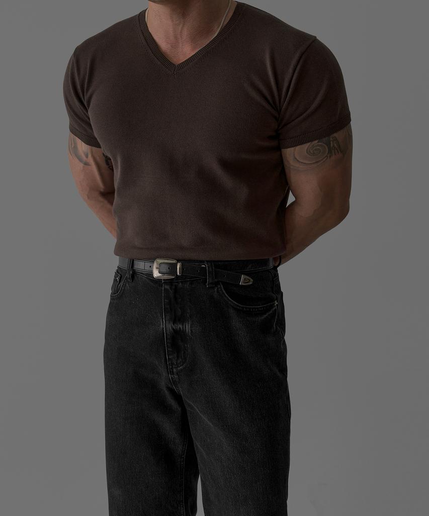 Baulopeulodeogteu V-Neck Muscle Short Sleeve Knit [Brown]