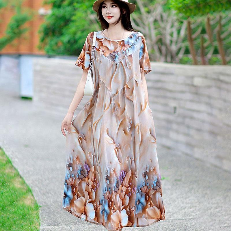 Summer Women's Plus Size Dress Loose Round Neck Floral Dress Soft Skin-friendly Breathable Long Dress