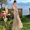 Women's French Floral 3D Strappy Summer Dress with Waist-Cinching Mesh Mermaid Skirt