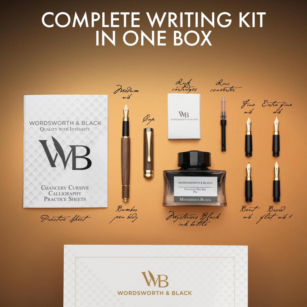 Wordsworth Black Fountain Pen Gift Ink 6 Ink Ink and 4 Replacement Premium Smooth Writing & Set, Bottle, Cartridges, Converter, Nibs, Bamboo,