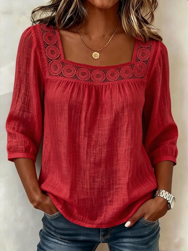 Women's Square Neck Lace Trim 3/4 Sleeve Blouse Multi Colors Casual Top