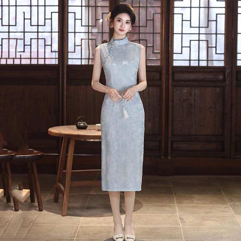 Blue Sleeveless Modern Chinese-Inspired Long Cheongsam Dress Women 2026 Stylish Retro Fit Small