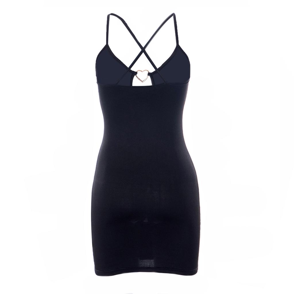 Women Spaghetti Strap Dress Solid Color Heart Metal Ring Cutout Elegant Sleeveless Backless Bodycon Dress