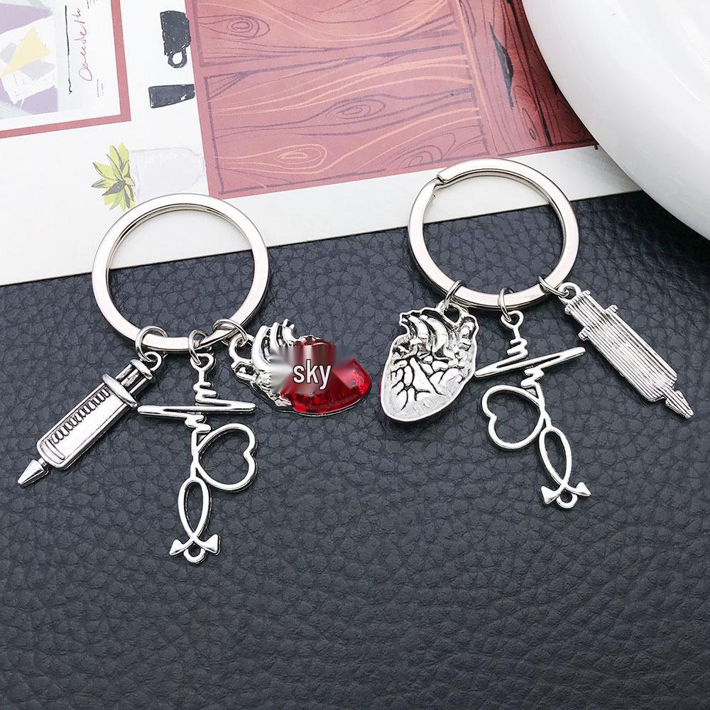 Antique Silver Syringe & Stethoscope Keychain with Red Heart ECG Pendant