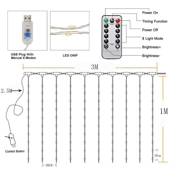 Pleasure Holiday 100LED 3x1Meter Curtain Strings Light USB 8-Mode Fairy Lamp with Remote Control