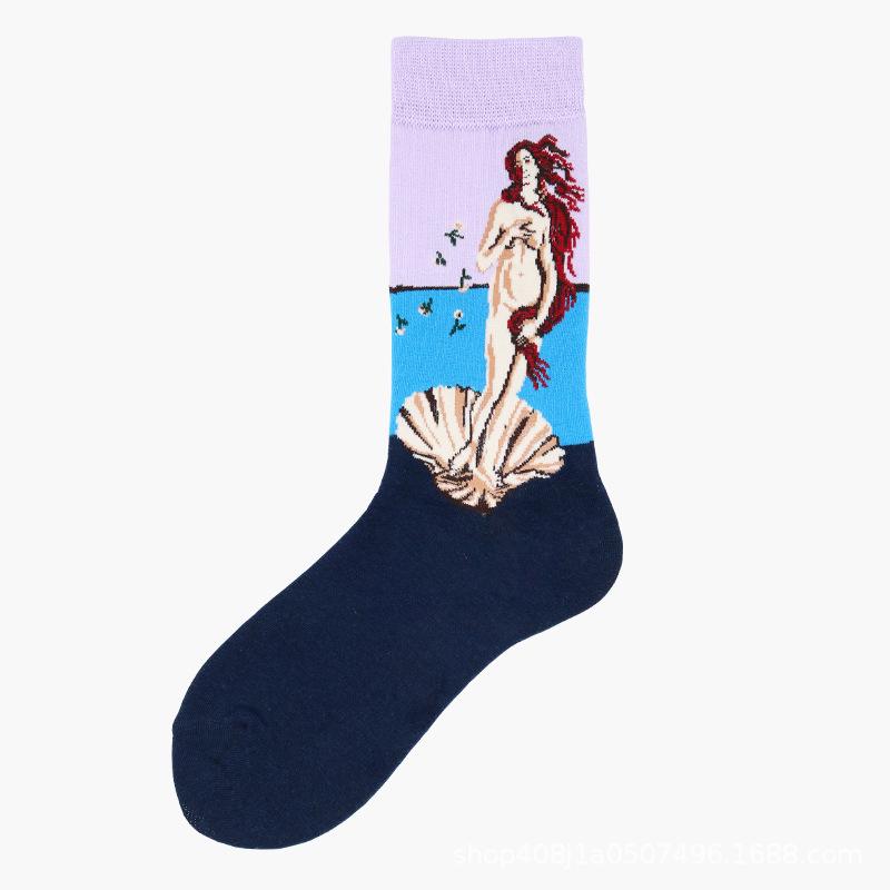 European & American Creative Oil Painting Mid-Calf Socks: Trendy Autumn/Winter High-Tube Cotton Socks