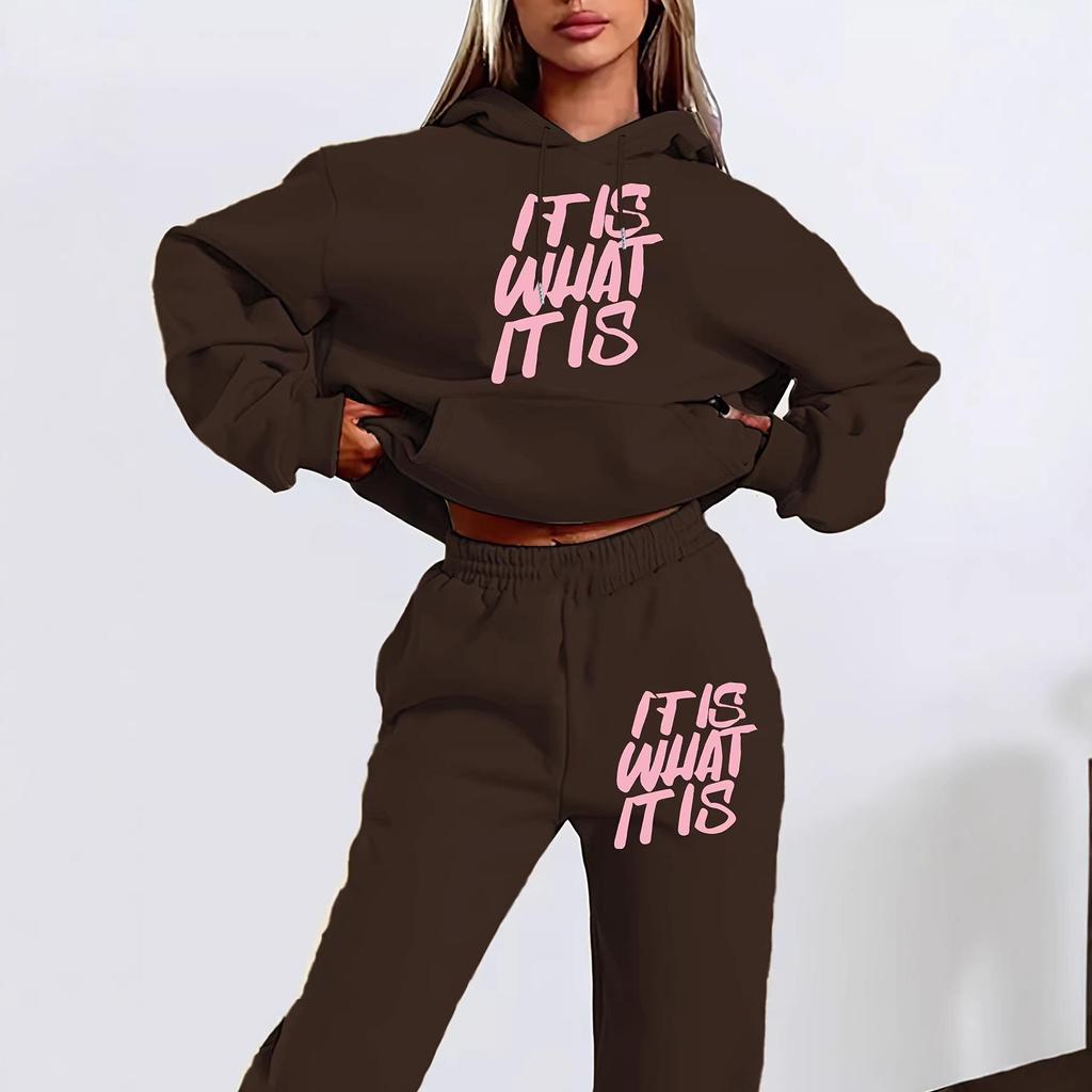 SHEIN Women's Letter Print Hooded Sweatshirt Set - Autumn Long-Sleeve