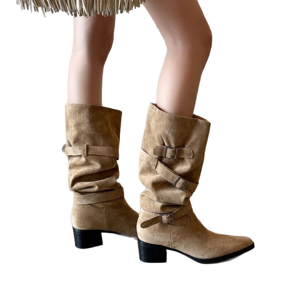 Big Tube Around the Boots of Women In the Autumn and Winter of 2025 Large Size Hot Girl But Knee Boots Pointed Thick Heel Thin Pile Boots Women