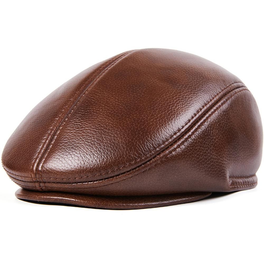 

HT4847 Mens Berets High Quality Genuine Leather Caps for Men Autumn Winter Earflap Cap Male Ivy Flat Cap Dad Plus Size Beret Cap M 53-54cm коричневый