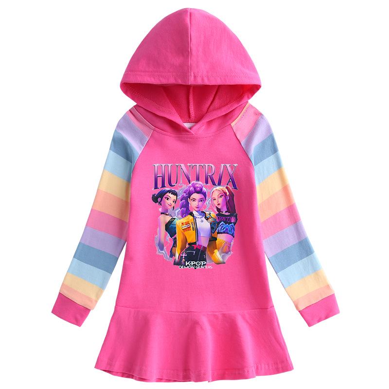 Kpop Demon Hunter Rainbow Princess Hoodie Dress - Girls' Long Sleeve Ruffle Design
