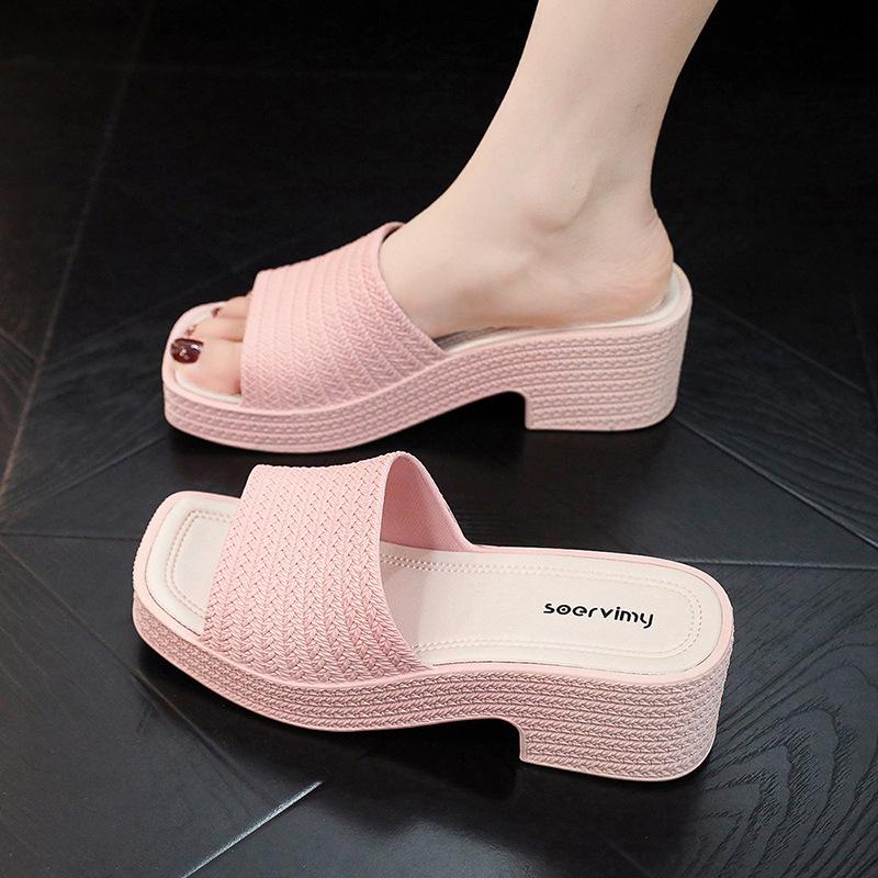 Women's Non-Slip Chunky Heel Slippers – Lightweight, Thick Sole, One-Strap Summer High Heels for Height Increase