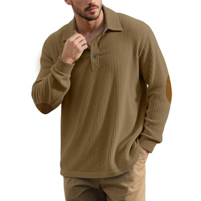 Autumn Winter Men Waffle Rib Knit Polo Shirts Contrast Suede Elbow Patches Lapel Collar Button Placket Vintage Long Sleeve Corduroy Textured Tops
