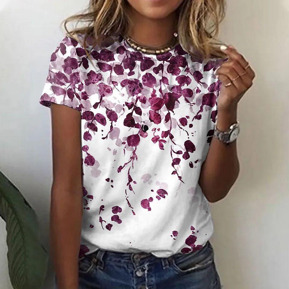 Women's Poppy Flower Print T-Shirt - Oil Painting Style Short Sleeve Casual Top
