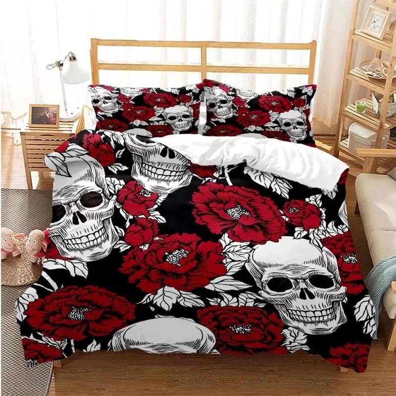 Socker Skalle Påslakanset Queen Size Blommor Skelett Sängkläder Dubbelt Sängklädesset Med Örngott King Size Skalle Täcke