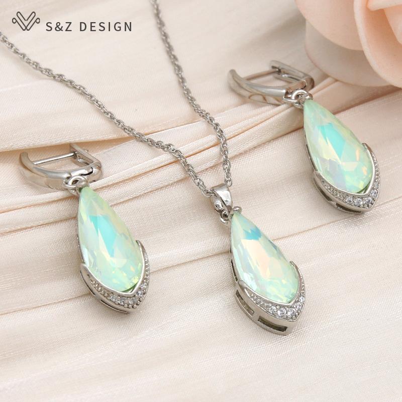 Fashion Water Drop Crystal Dangle Earrings Jewelry Sets For Women Rose Gold Color Zirconia Wedding Necklace