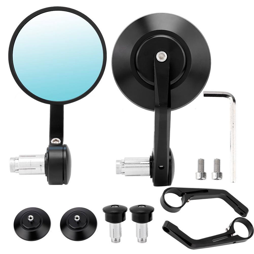 2Pcs Motorcycle Modified Round Rearview Mirror Handle Bar End Side Mirrors Black&Silver