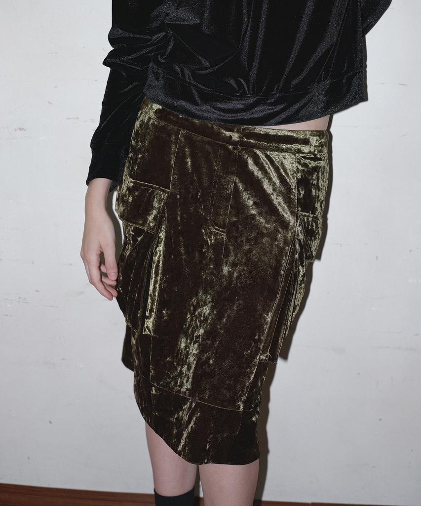 Obeodyupeulleeo Velvet Cargo Midi Skirt_Olive Khaki